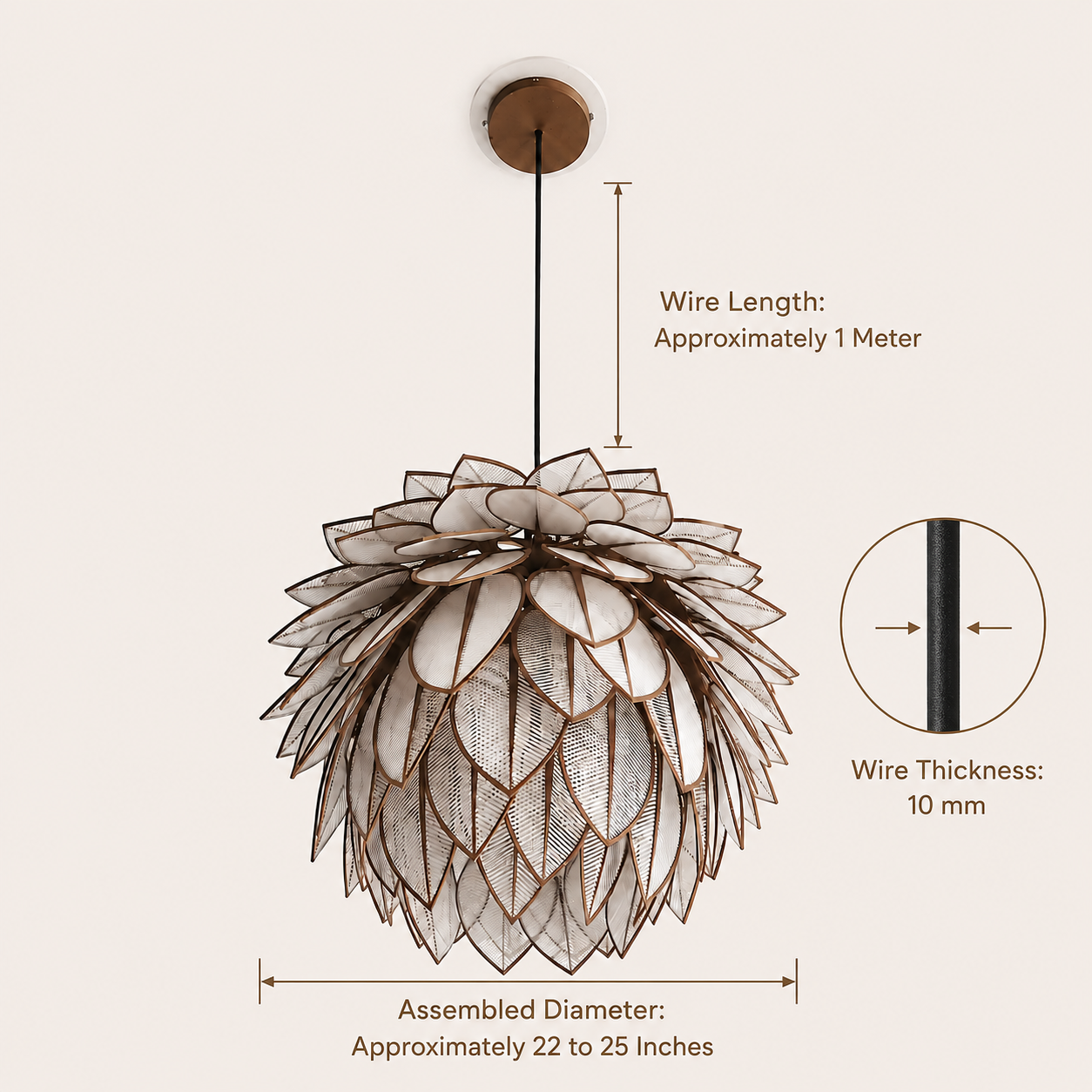Pendant light fixture with a layered, flower-like shade made of beige and white petal or leaf-shaped panels outlined in dark brown, suspended from a round brown ceiling canopy. The image includes dimension callouts showing assembled diameter, wire length, and wire thickness on a plain light beige background.