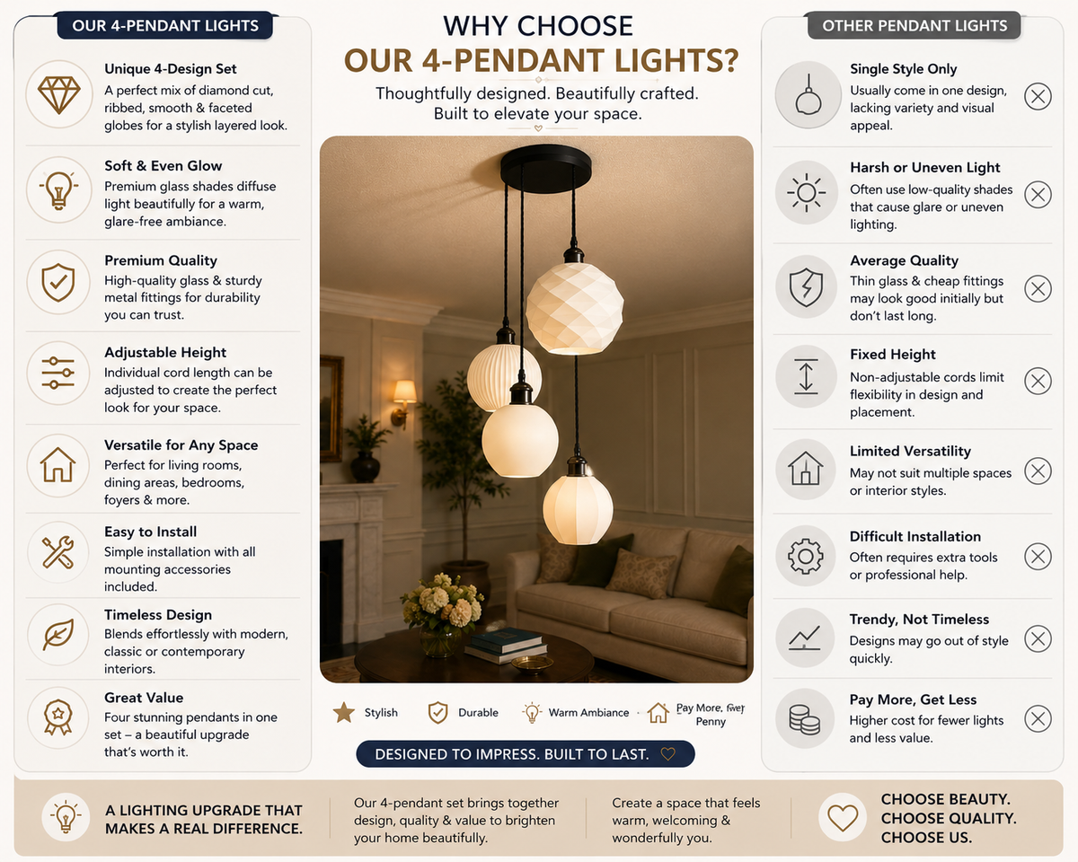 A promotional infographic for the Our4 Pendants 4-Point LED light fixture, showing a central product photo of a four-light linear fixture with warm white glow, flanked by text panels detailing its features and benefits.