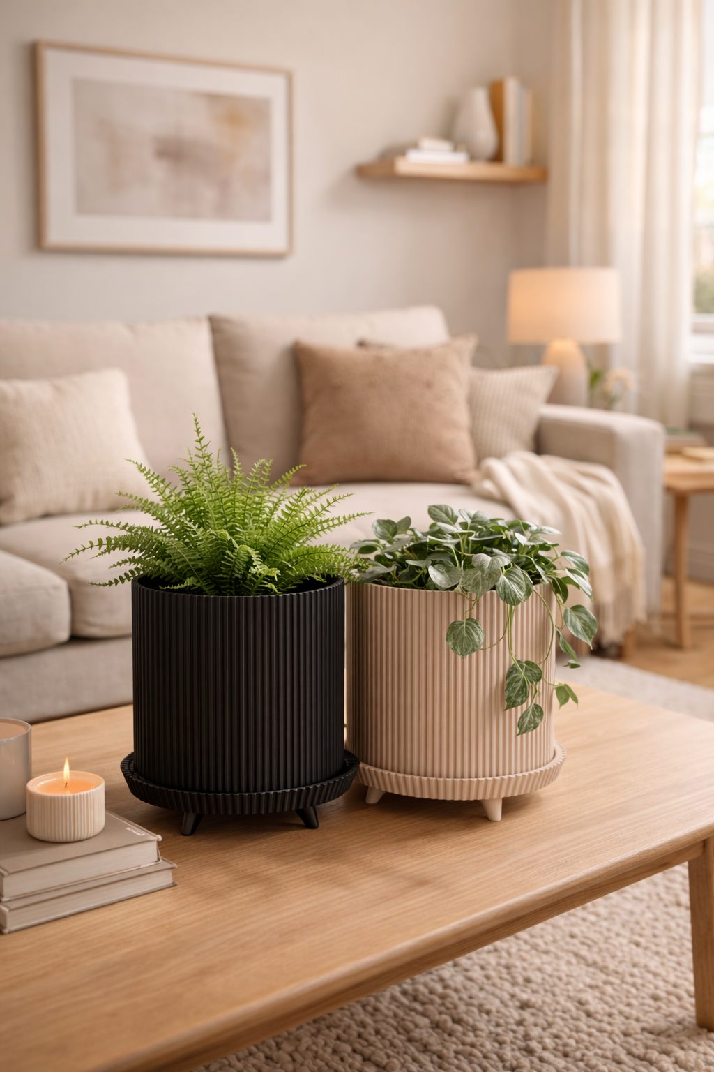 Two potted plants on a wooden coffee table in a living room setting.