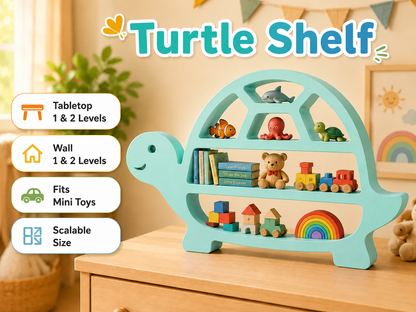 A light blue turtle-shaped wooden toy shelf with three levels, styled on a wooden dresser in a warm, child-friendly room. The shelf is filled with various miniature toys, including a teddy bear, a small train, a rainbow block set, and books.