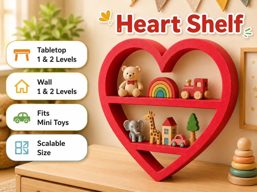 Heart-shaped wooden toy shelf in red, displayed on a wooden table in a nursery-like room. The shelf has two levels holding small toys including a teddy bear, rainbow, train, elephant, giraffe, house, and tree.