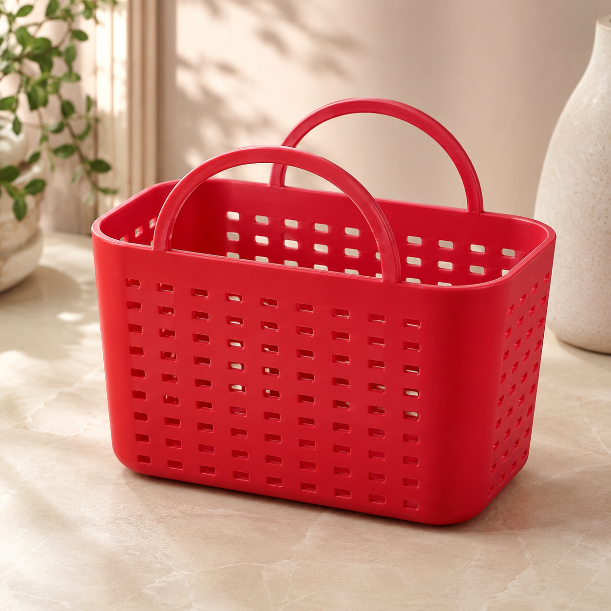 A bright red plastic storage basket with two loop handles and a perforated grid design, placed on a light beige marble-like surface with a plant and vase in the background.