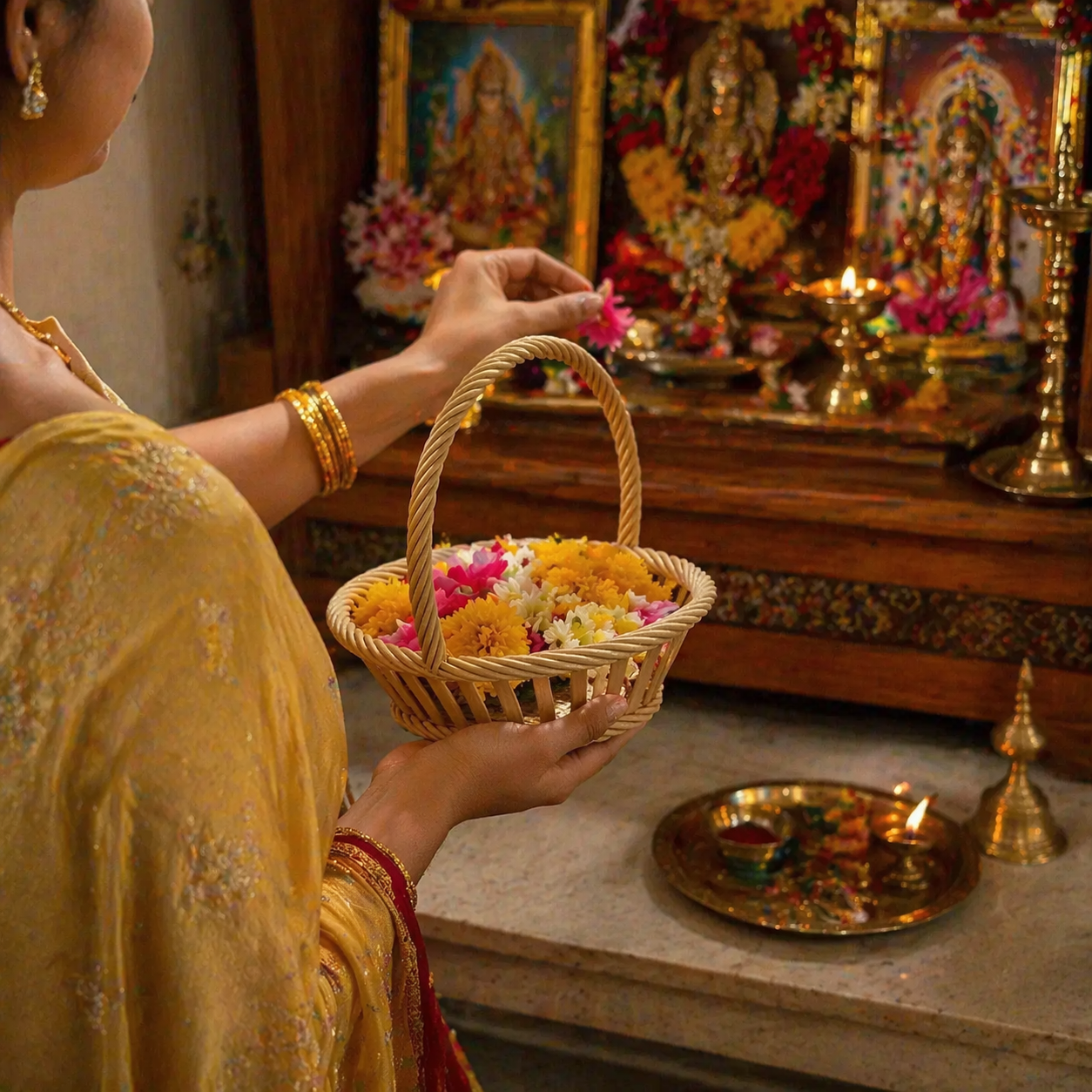 Handheld pooja basket for home temple rituals with diya, flowers and prasad items