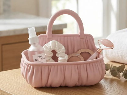 Pink basket with skincare products on a wooden surface