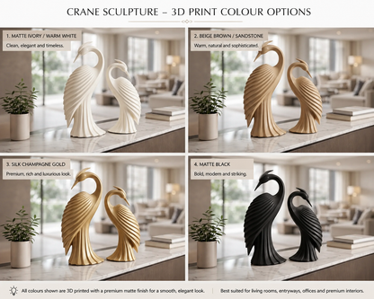 A 2x2 promotional grid showing crane sculptures in four color options: matte ivory/white, beige/brown sandstone, silk champagne gold, and matte black. Each panel shows two matching cranes on a marble tabletop with a blurred interior room background.