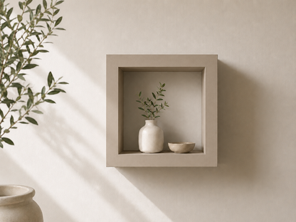 A minimalist beige square wall-mounted shelf holding a small white ceramic vase with green stems and a small beige bowl, set against a warm beige wall with soft natural shadows.