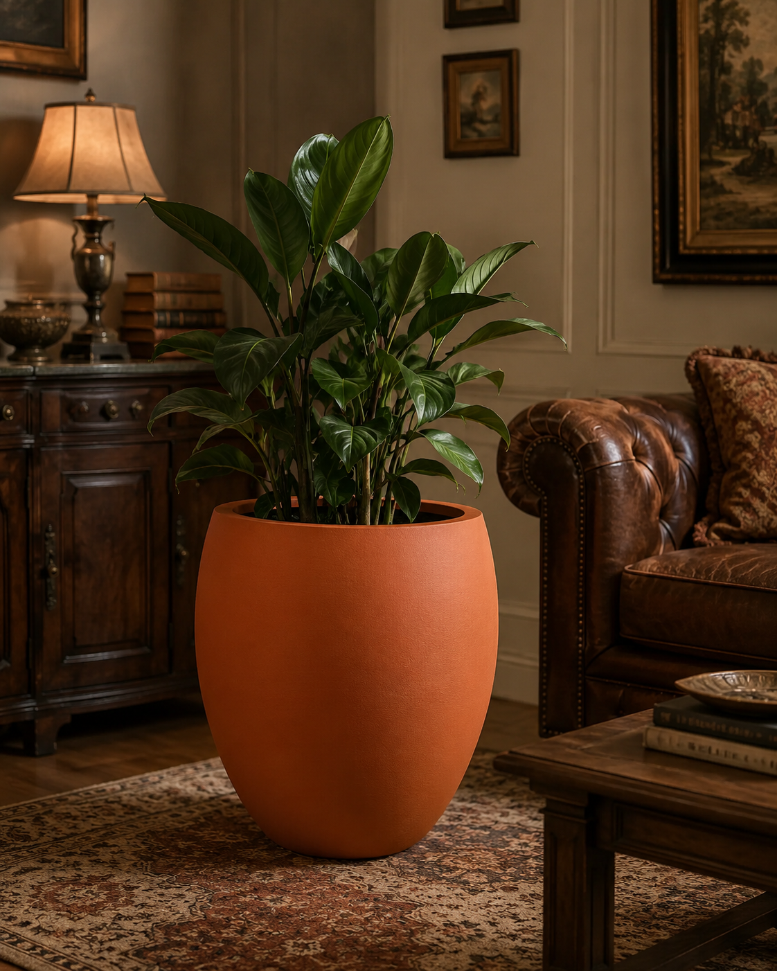Premium matte white plant pot with green foliage placed near sofa in a modern home interior