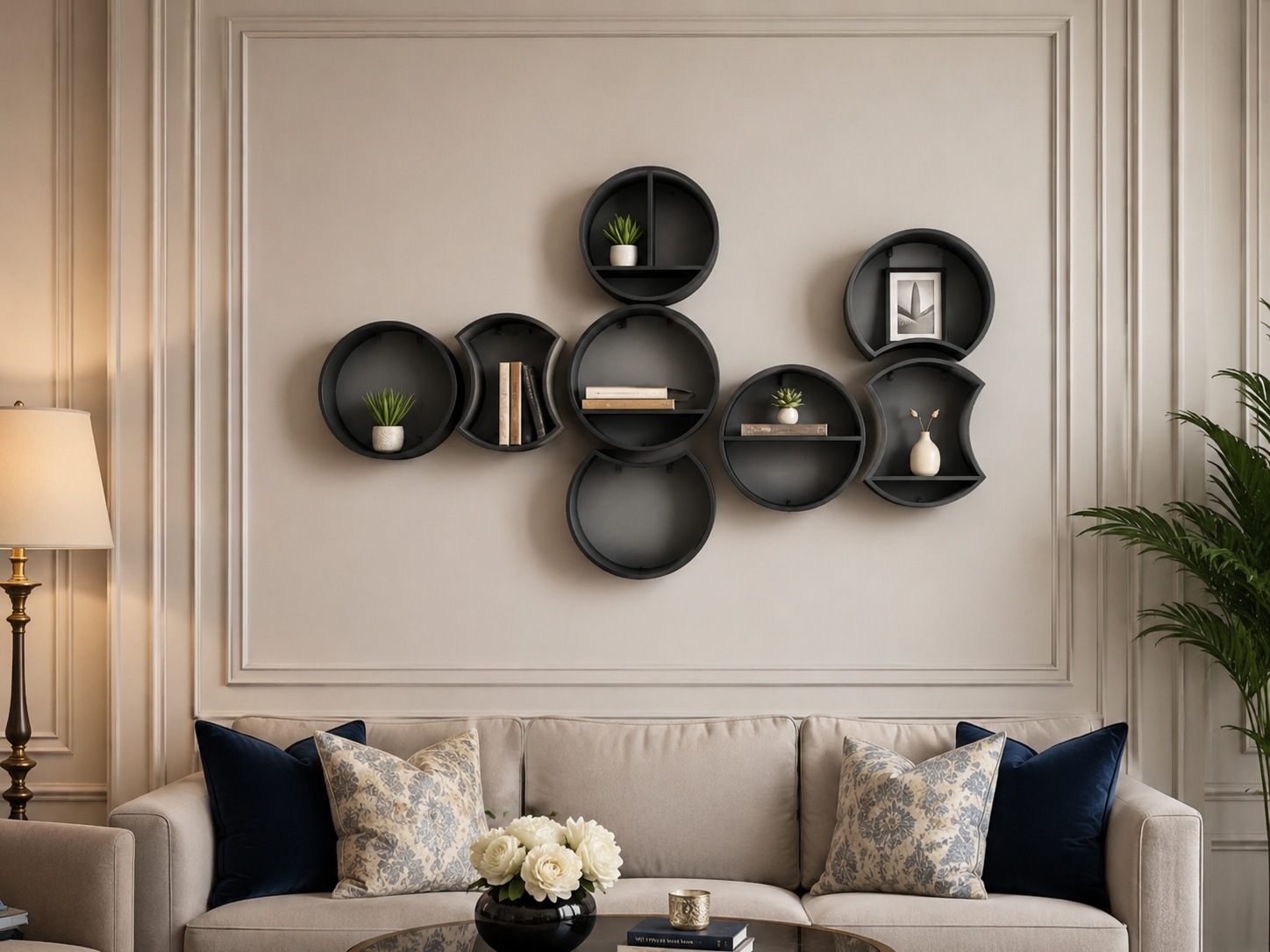 Premium black modular wall shelf set with round and curved shelves for statement wall decor
