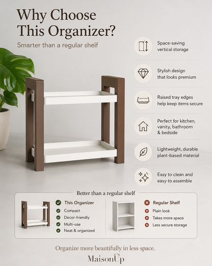 A MaisonUp wooden shelf organizer with two tiers, shown on a light gray background with marketing text and comparison graphics highlighting its space-saving vertical storage, raised tray edges, and plant-based material.