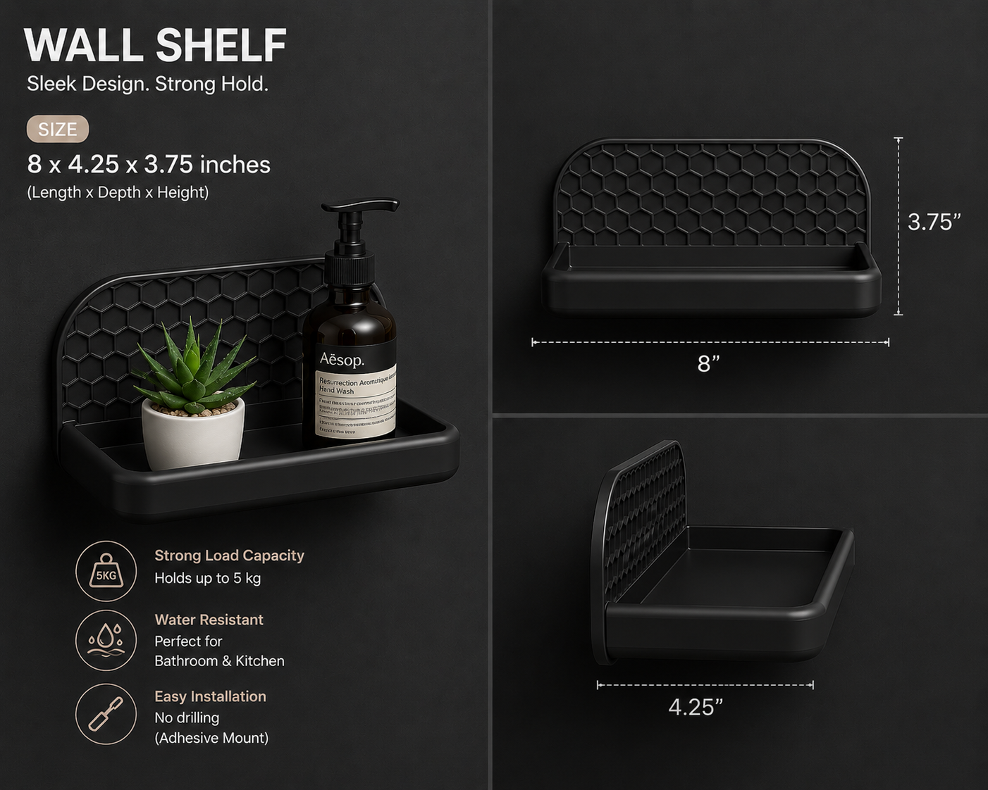 Premium wall mounted shelf for bathroom vanity and powder room decor