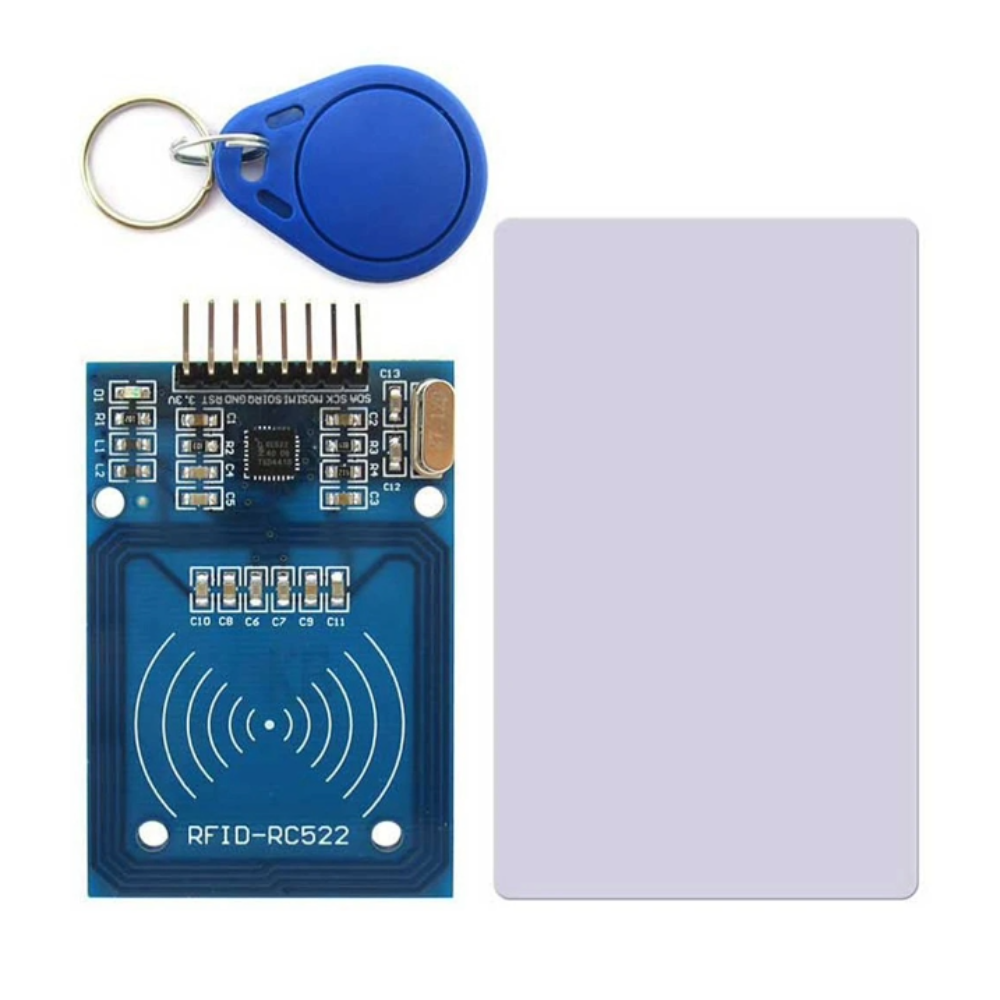RFID module with keychain tag and blank card on a white background