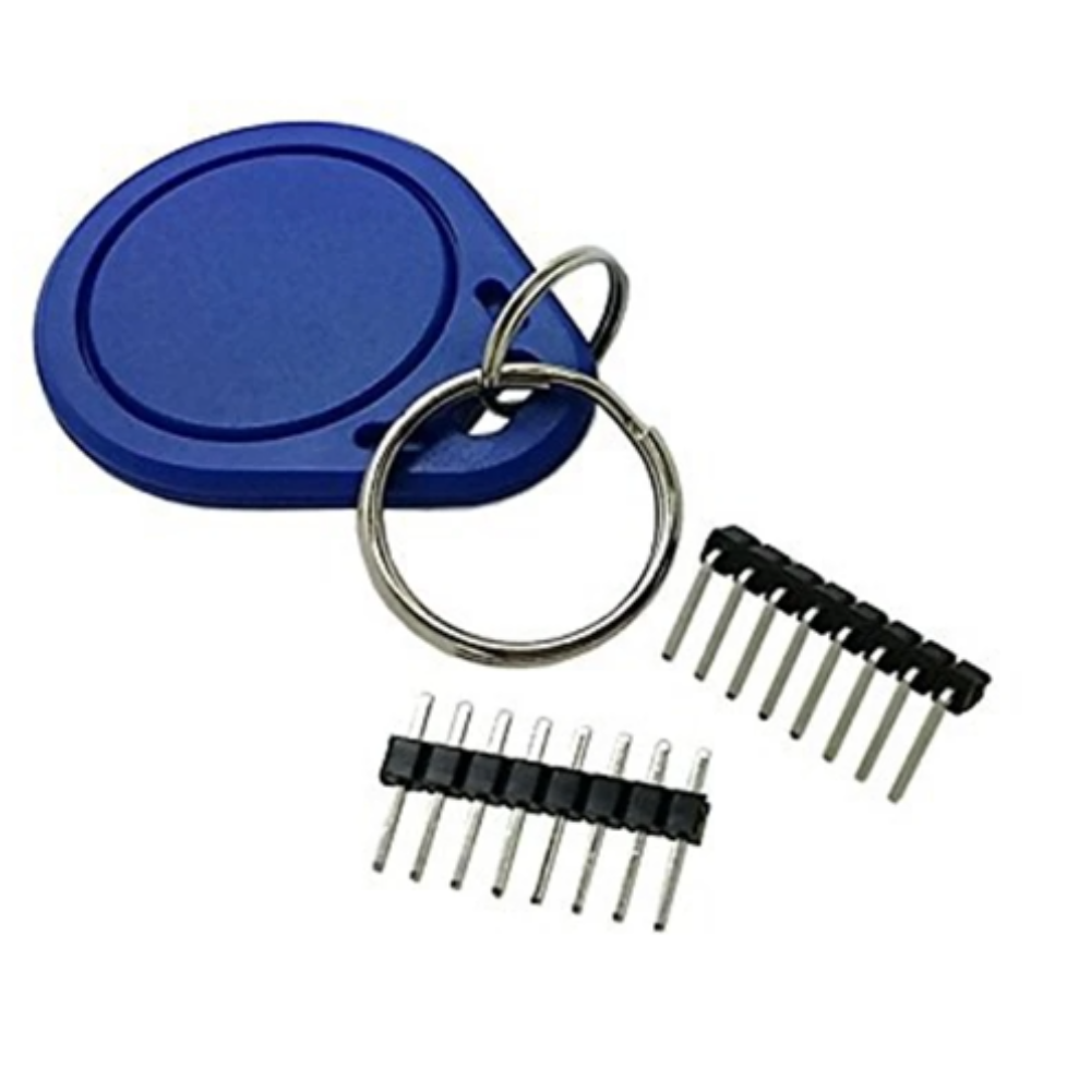 Blue plastic component, metal ring, and black and silver connectors on a white background