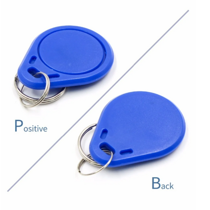 Two blue key fobs labeled 'Positive' and 'Back' on a white background
