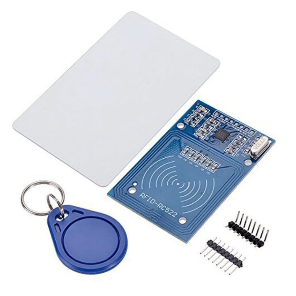 RFID module with keychain, card, and screws on a white background