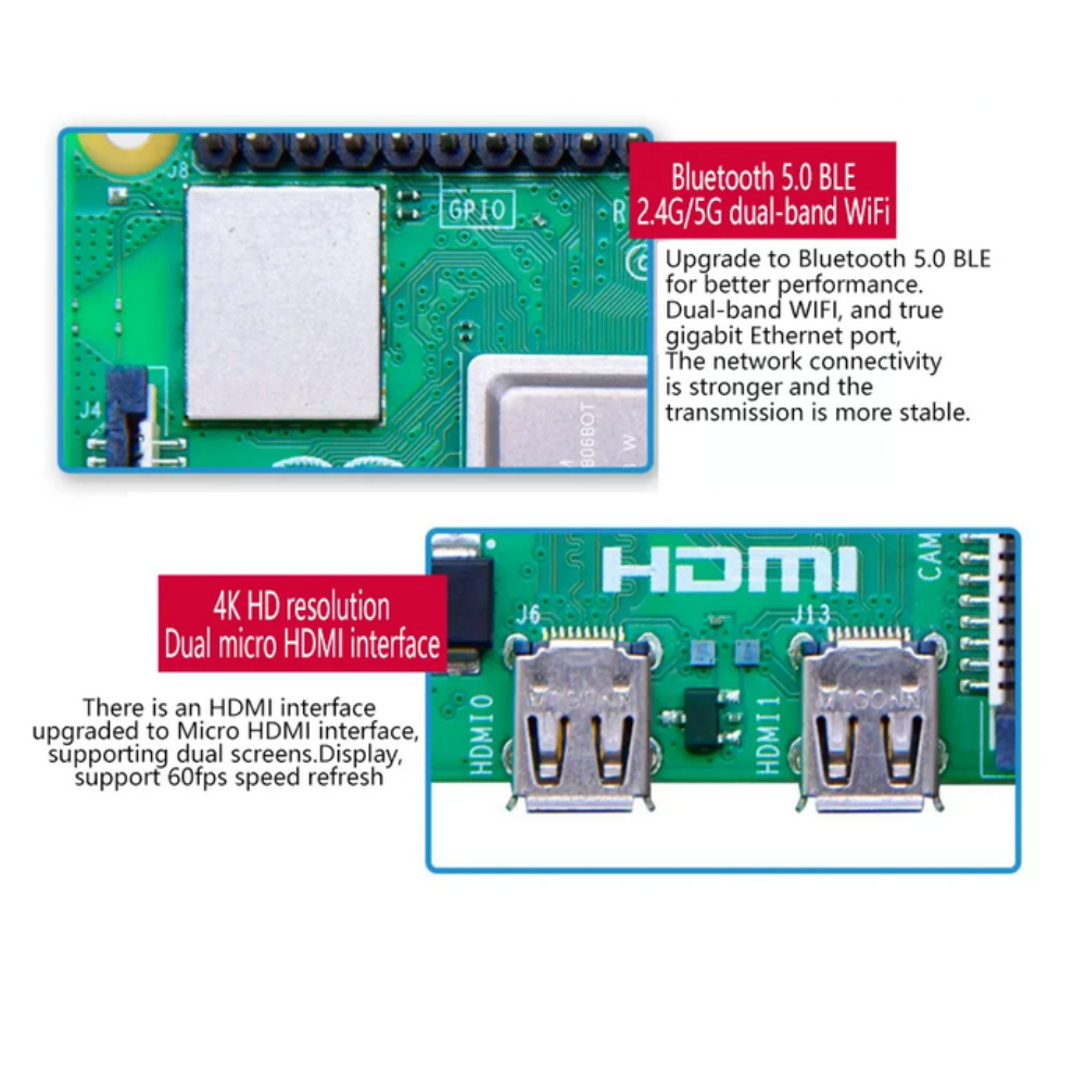 Electronic circuit board with Bluetooth 5.0 BLE and 2.4G/5G dual-band WiFi features.