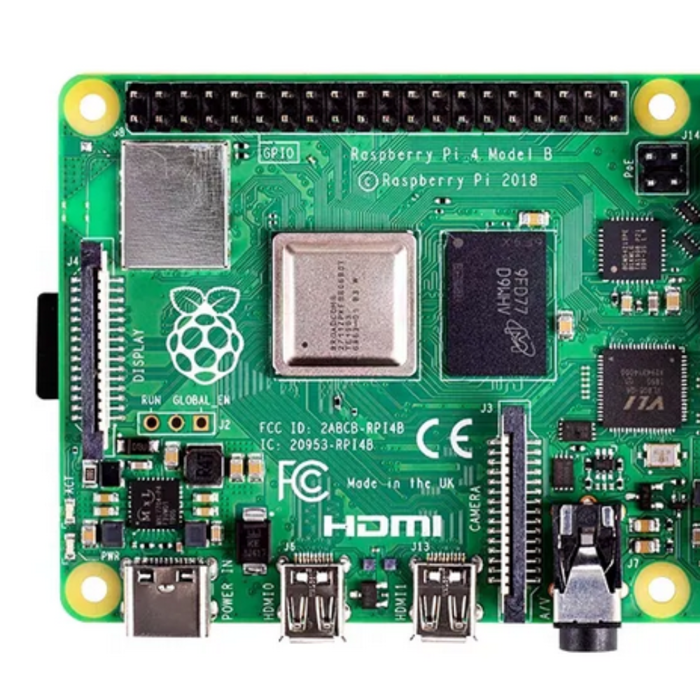 Raspberry Pi 4 Model B board with various connectors and labels on a white background