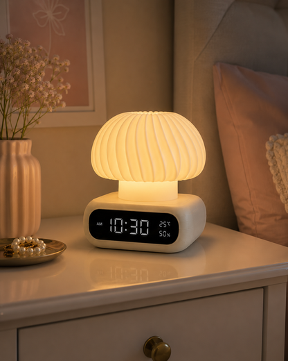 A modern digital alarm clock lamp with a ribbed mushroom-shaped glowing lampshade and a white base, placed on a bedside table in a softly lit bedroom setting.