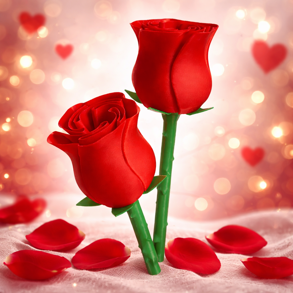 Two red roses with green stems on a soft surface with blurred lights and heart shapes in the background.