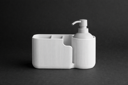 White ceramic soap dispenser with holder on a black background