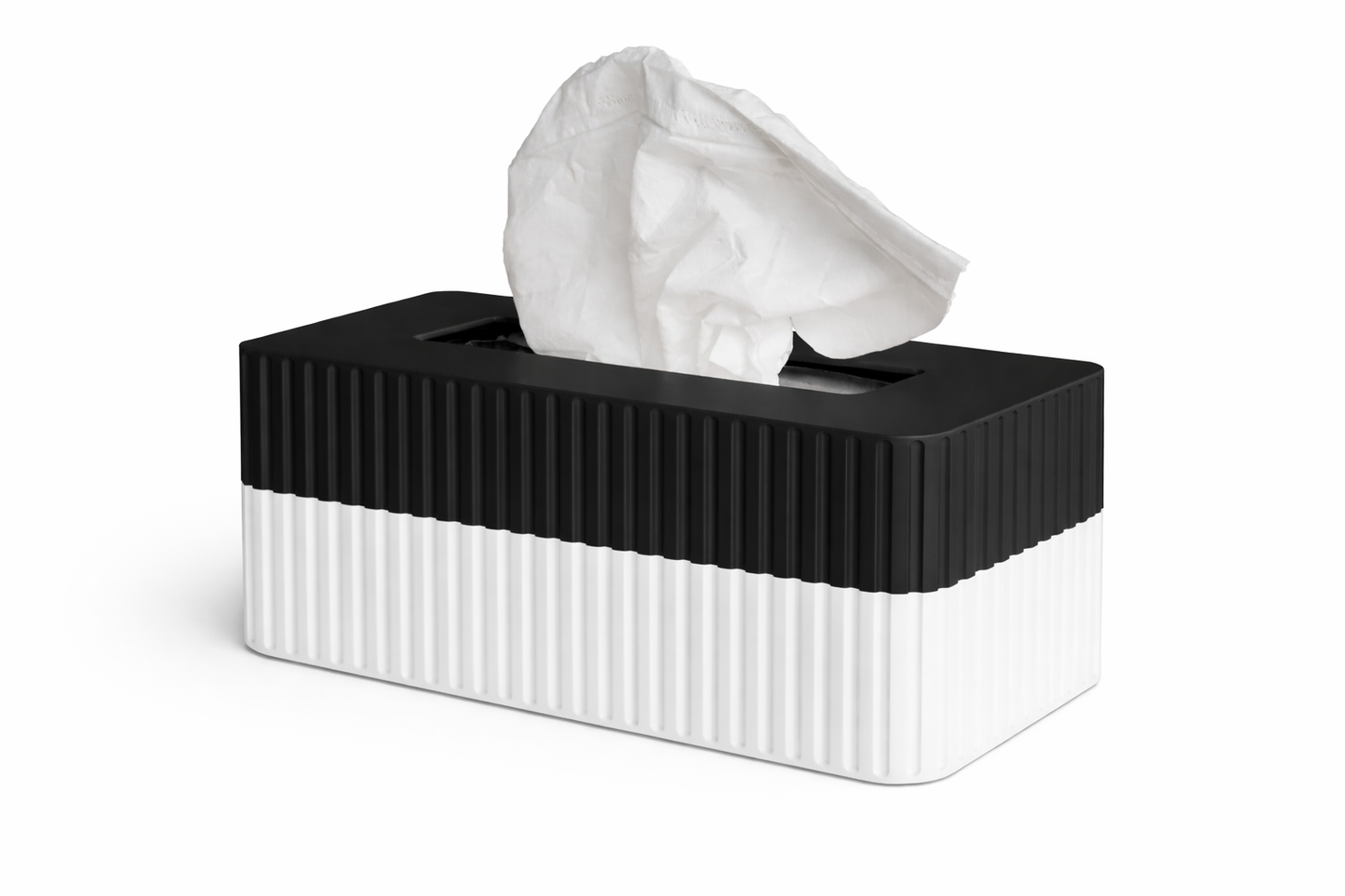 Black and white tissue box with tissues on a white background