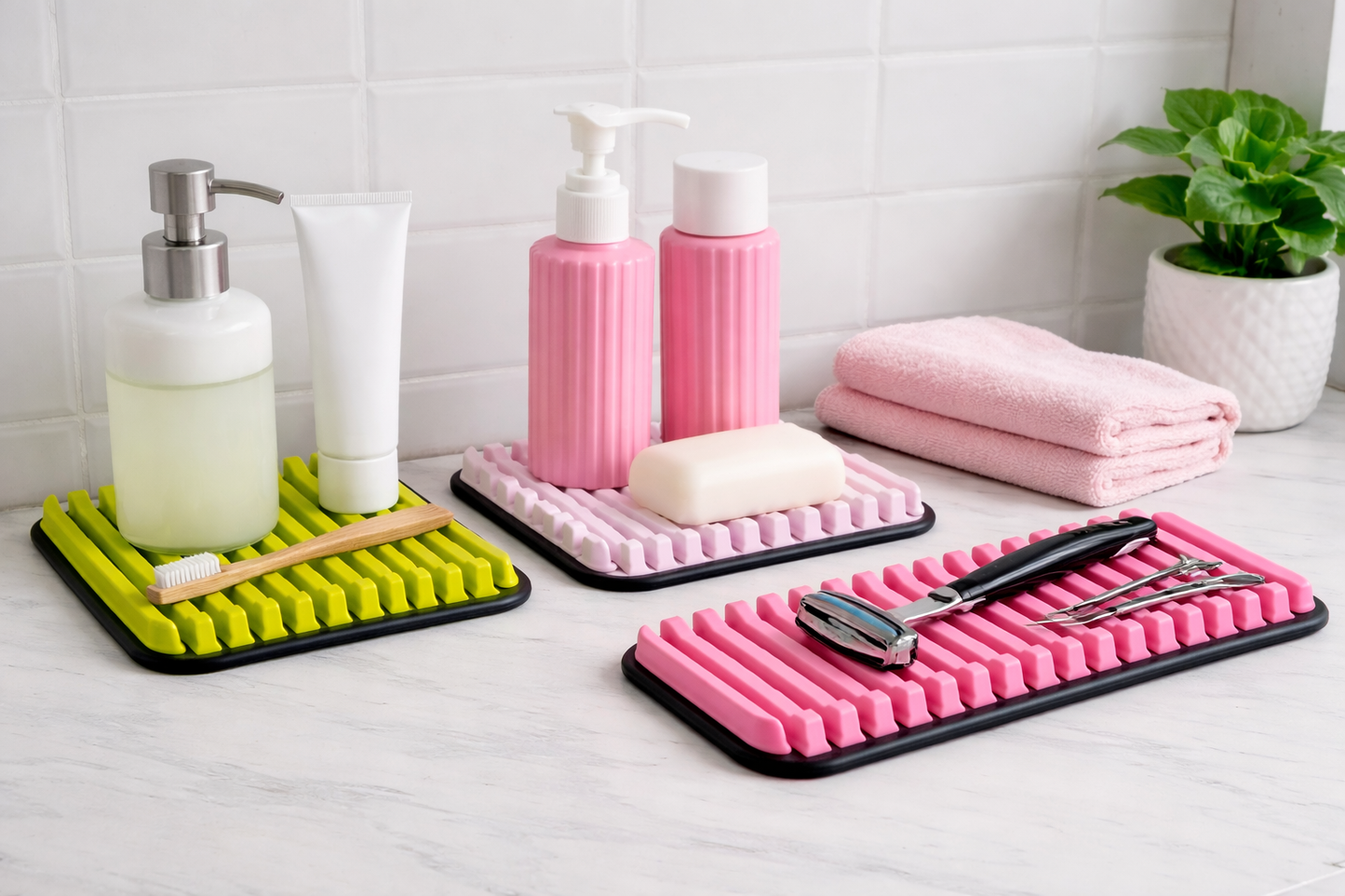 Bathroom setting with pink and green trays holding toiletries and cleaning tools.