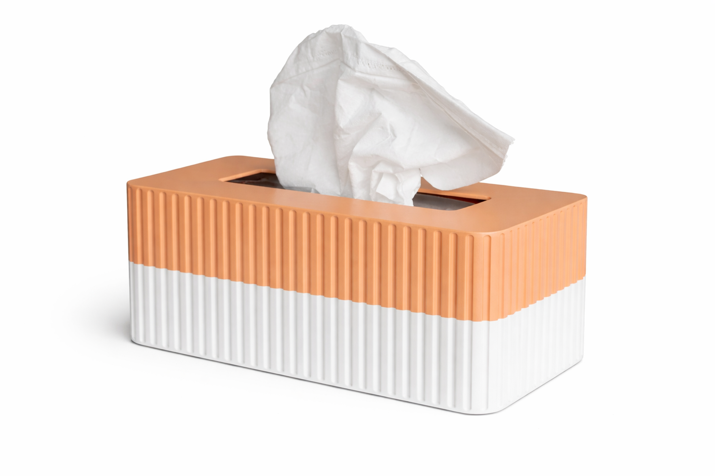 Tissue box with a ribbed texture in orange and white on a white background