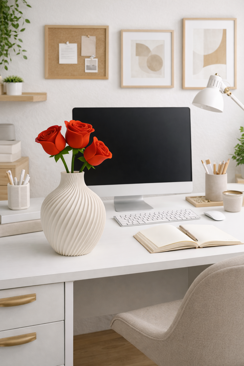 Home office desk with computer, flowers, and stationery