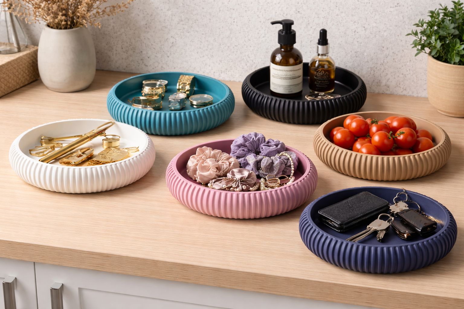 Colorful bowls on a wooden surface with various items inside