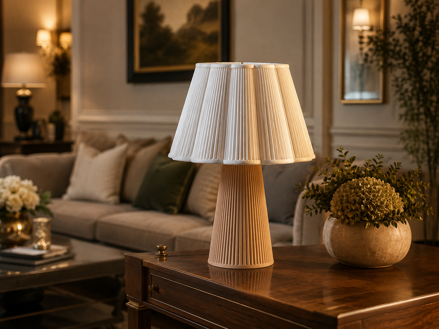 Ribbed Glow Lamp styled in a premium living room setup with elegant side table and warm décor lighting