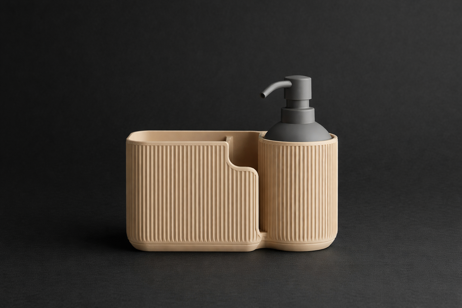 Beige soap dish with textured surface and gray pump dispenser on a black background