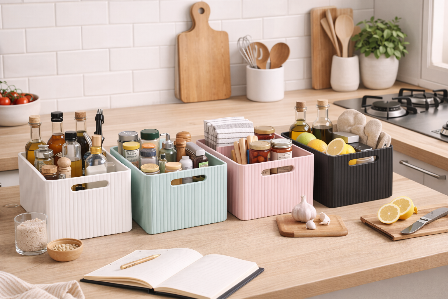 Kitchen counter with storage bins and kitchen items on a light-colored countertop.