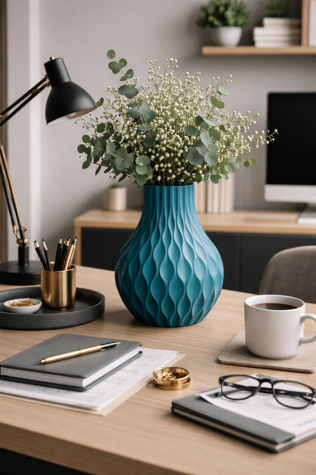 Teal vase with greenery on a desk with office supplies