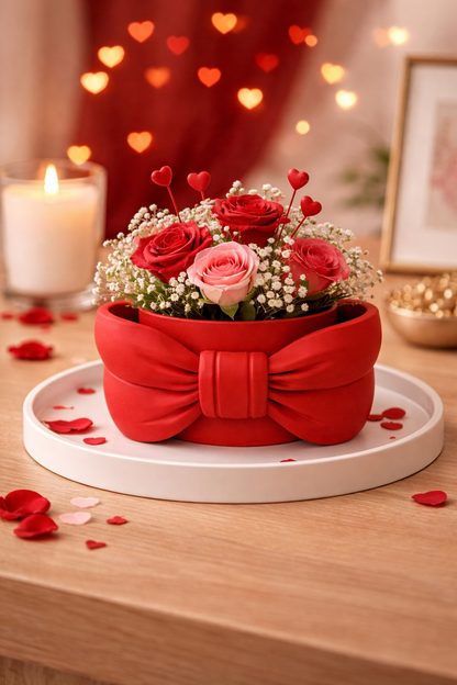 Heart-shaped flower arrangement with red and pink roses on a wooden table, surrounded by heart decorations.