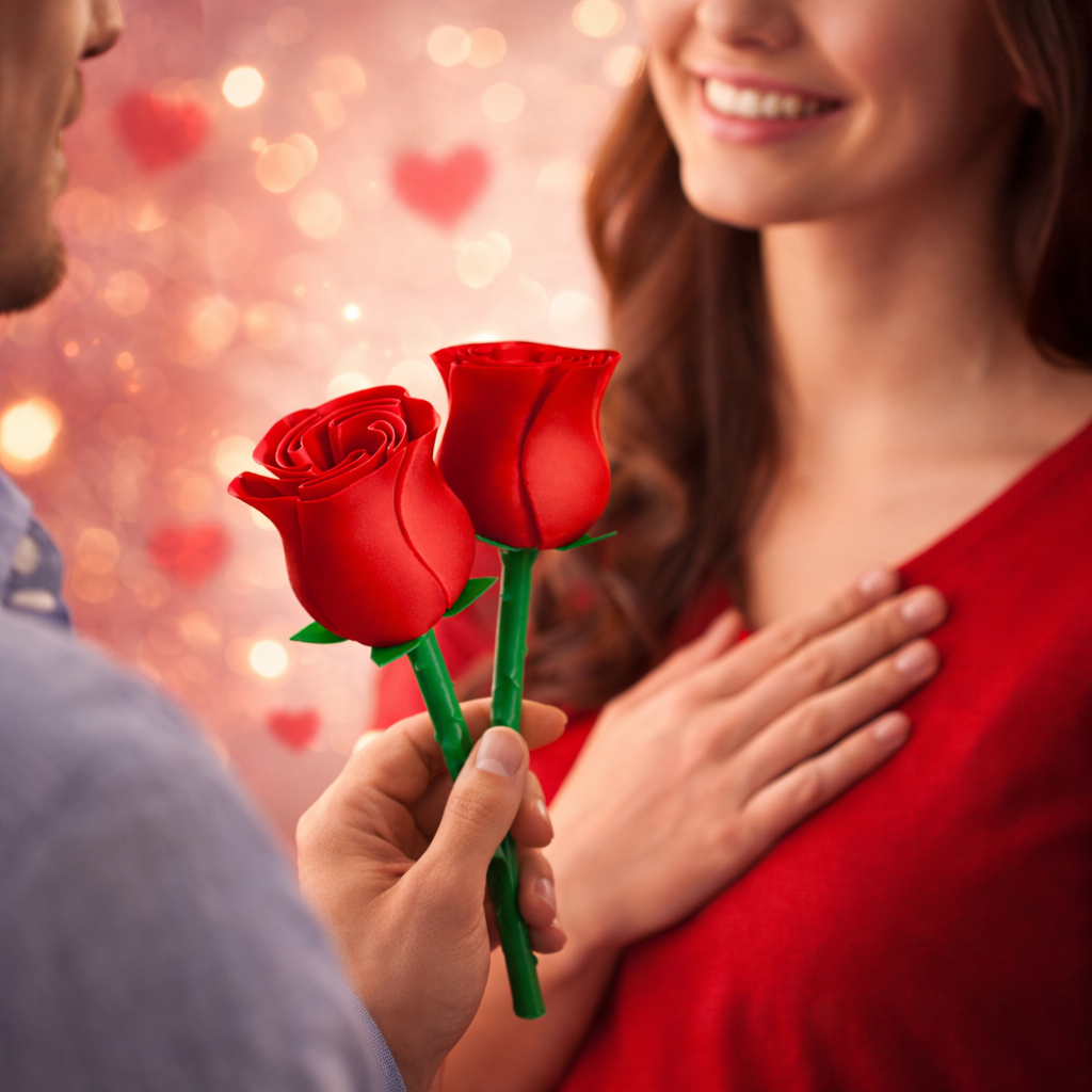 Person holding two red roses to a smiling person with a heart-themed background