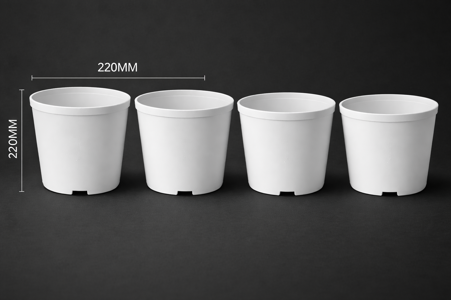 Four white flower pots of different sizes on a black background with measurements indicated.