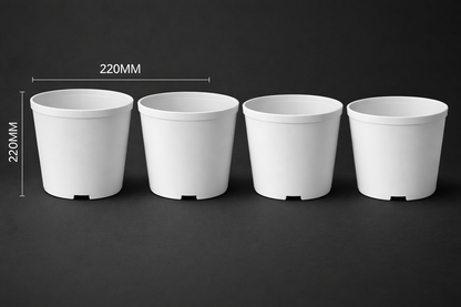 Four white flower pots of different sizes on a black background with measurements indicated.