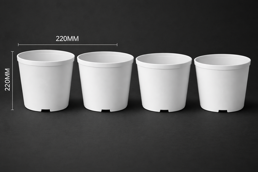 Four white flower pots of different sizes on a black background with measurements indicated.