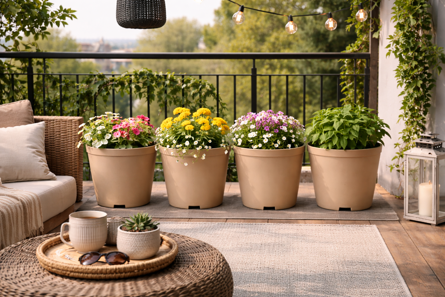 Outdoor patio with potted plants, a coffee table, and a view of trees.