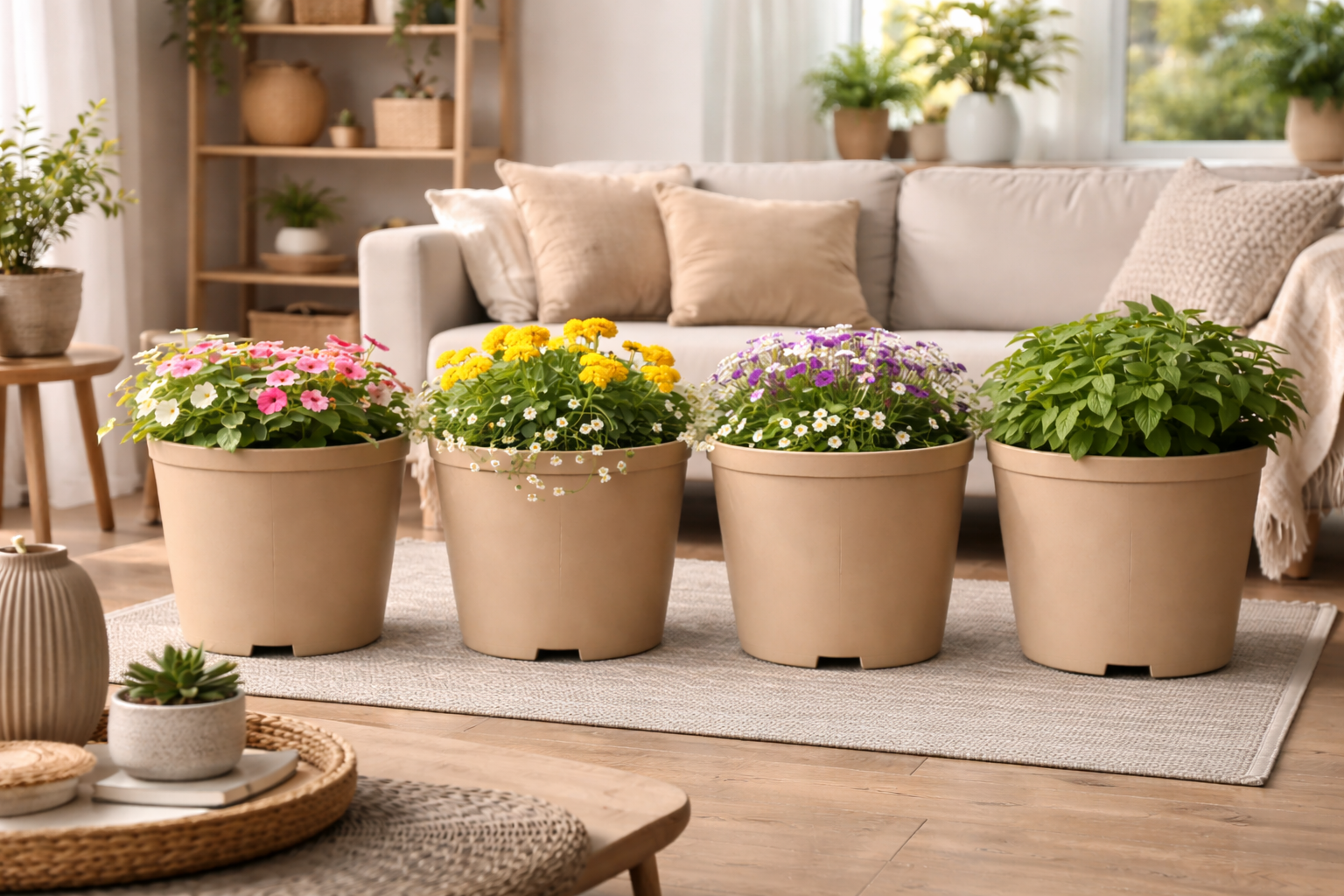 Four potted plants on a rug in a living room with a couch and shelves in the background.