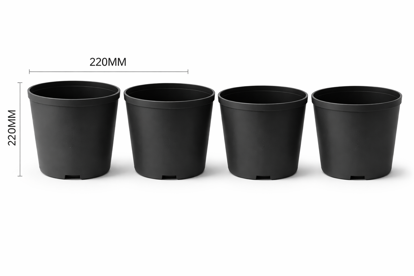 Four black plastic pots with dimensions indicated on a white background