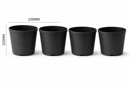 Four black plastic pots with dimensions indicated on a white background