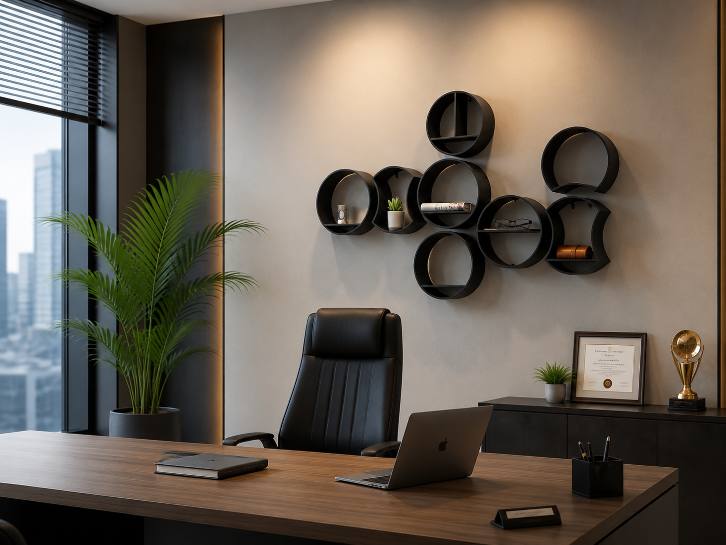 Round and curved black wall shelf set designed for premium home and office decor