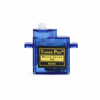Blue Tower Pro micro servo with a white background