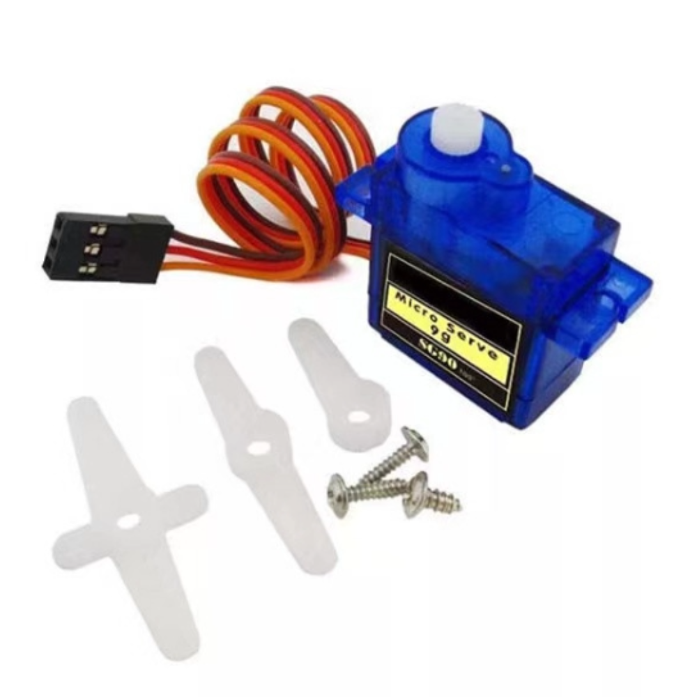 Blue servo motor with wiring, gears, and screws on a white background