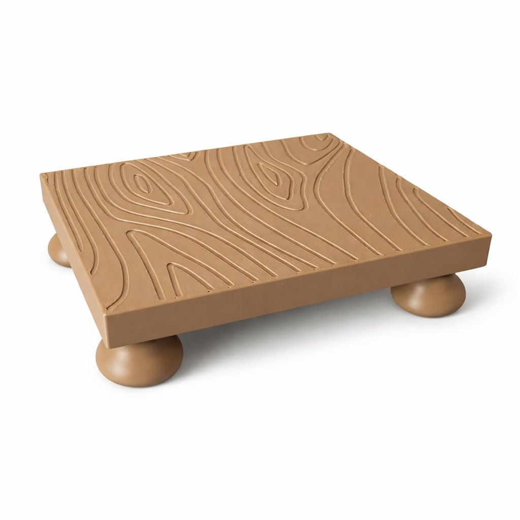 Brown wooden platform with rounded legs on a white background