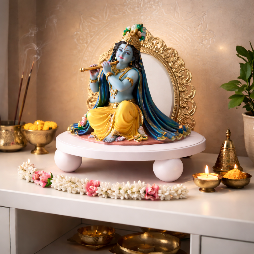 Colorful statue of a deity on a pedestal with incense, flowers, and candles in a decorative setting.