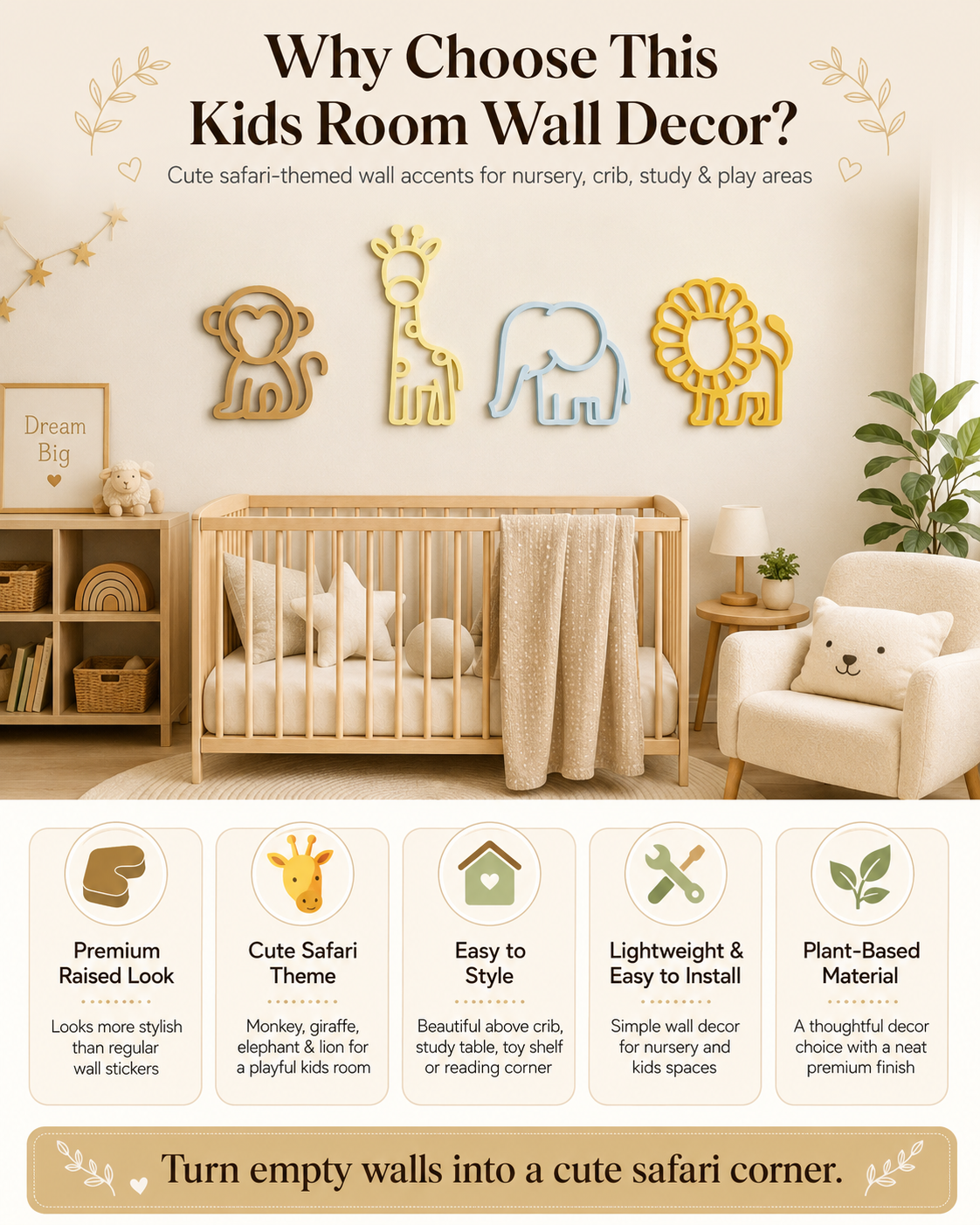 A promotional wall decal set for kids' rooms, featuring safari-themed wooden and metal wall art including a lion, giraffe, elephant, and monkey. The image showcases the decals applied to a nursery wall above a wooden crib, with text overlays explaining the benefits of the wall decor.