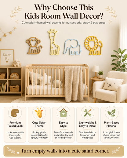 A promotional wall decal set for kids' rooms, featuring safari-themed wooden and metal wall art including a lion, giraffe, elephant, and monkey. The image showcases the decals applied to a nursery wall above a wooden crib, with text overlays explaining the benefits of the wall decor.