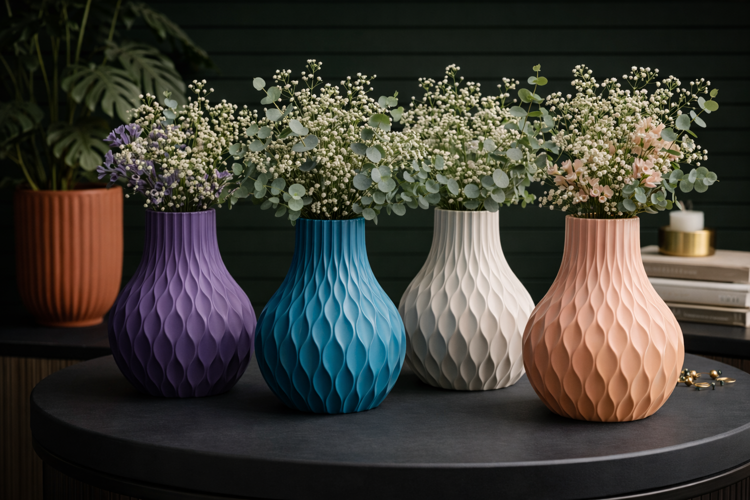 Four textured vases with flowers on a dark surface