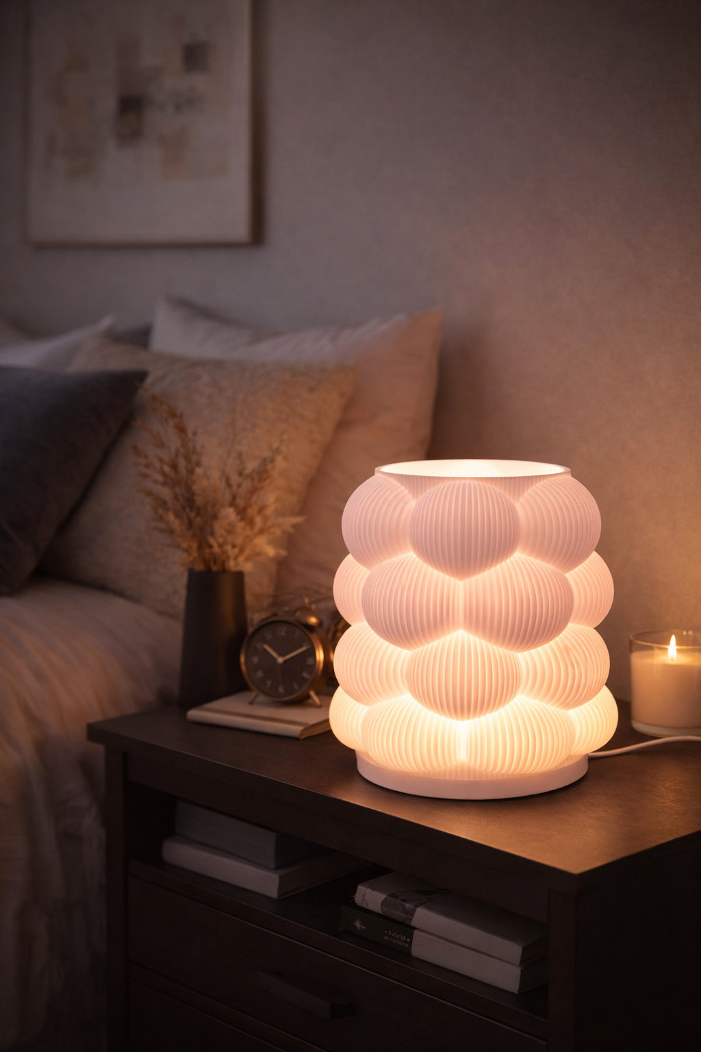 Decorative lamp on a bedside table with soft lighting